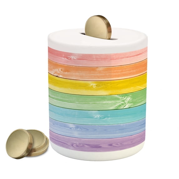 Pastel Piggy Bank, Wooden Planks in Rainbow Colors Rural Rustic Home Cottage Theme Summer Shades Print, Ceramic Coin Bank Money Box for Cash Saving, 3.6" X 3.2", Multicolor, by Ambesonne