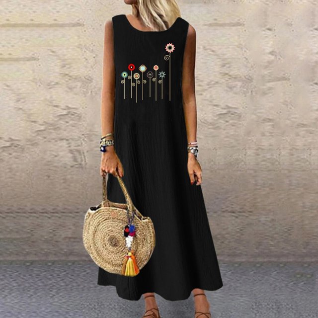 Mefallenssiah Mode Femmes Robes d'Été Casual Col Rond Poche Sans Manches Plage de Vacances Longue Robe