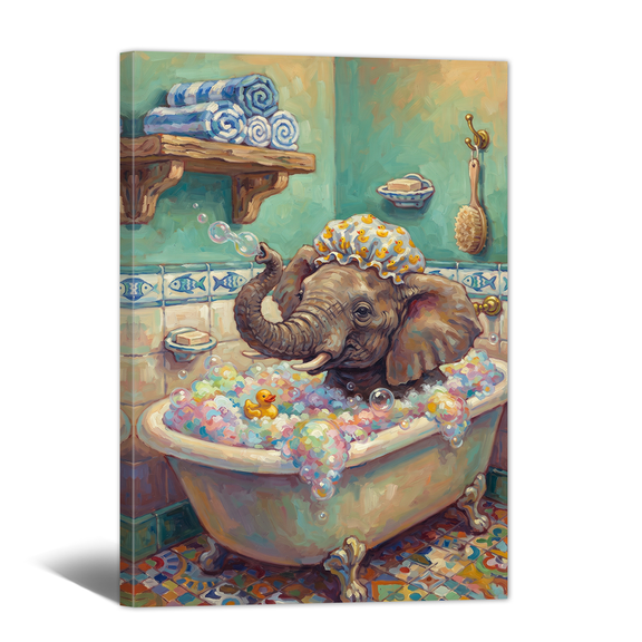 Rainbow Bathroom Canvas Wall Art, Framed Funny Elephant in Bathtub Prints Abstract Vintage Animal Artwork Oil Paintings for Restroom Bedroom Hallway Nursery Home Decor