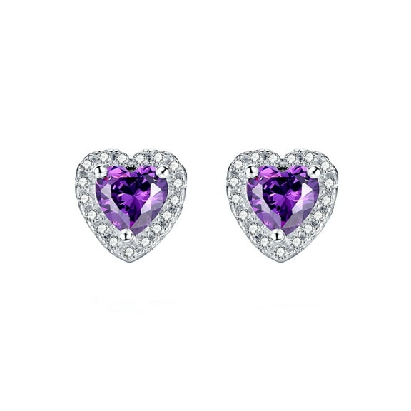 Devuggo Sterling Silver Heart Shaped Simulated Amethyst Stud Earrings for Women