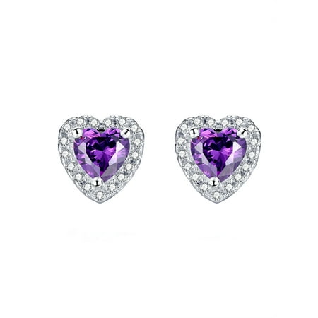 Heart Shaped Amethyst Earrings - Devuggo Sterling Silver Heart Shaped Simulated Amethyst Stud Earrings for Women