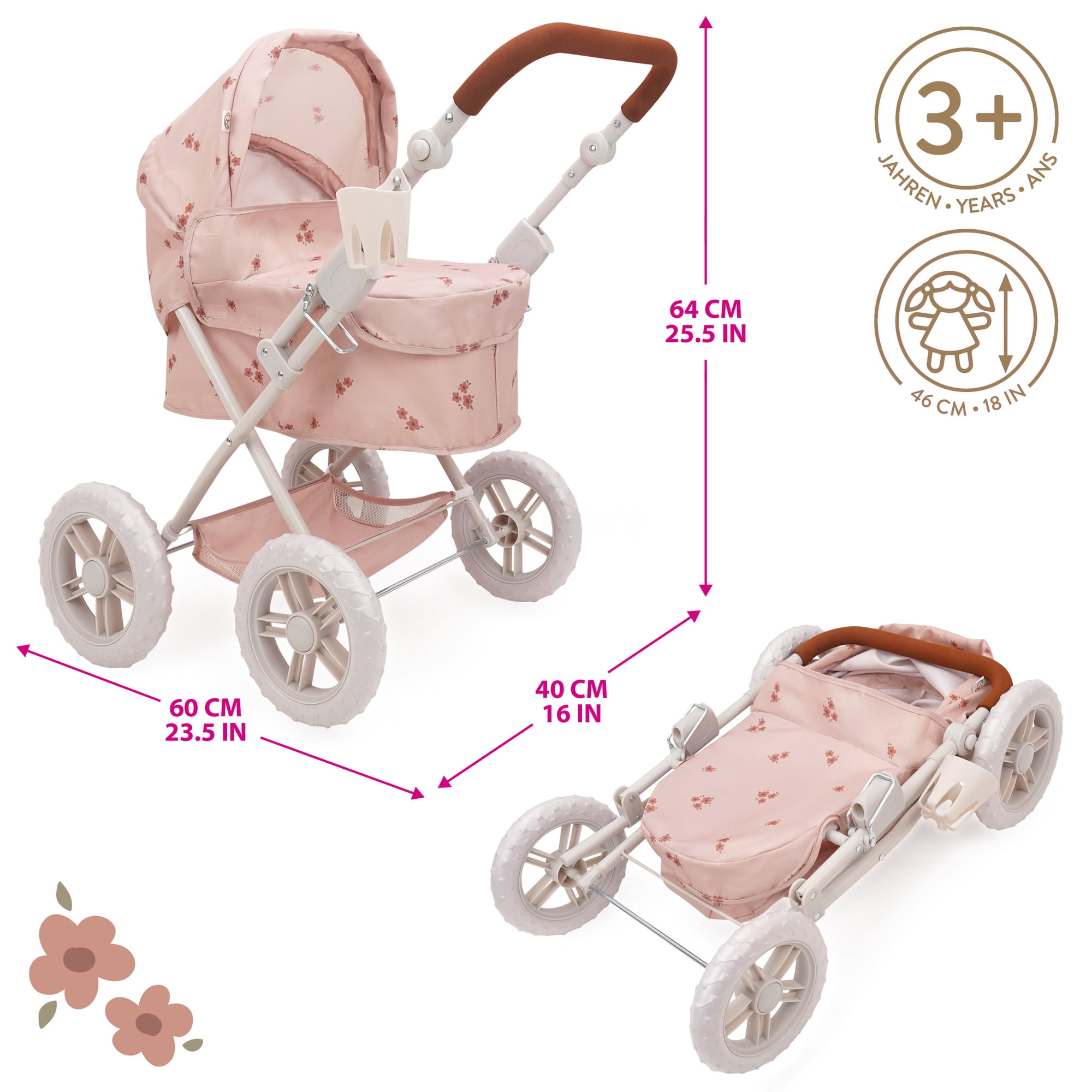 509 Crew: Ballet Flora - Deluxe Amanda Doll Pram - Soft Pink & Flowers, Handbag, Sun Canopy, Adjustable Handle, Foldable, Doll Accessory Toy, Kids 3+