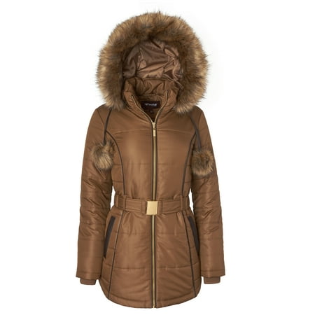 Sportoli Women's Down Alternative Long Belted Puffer Coat with Fur Trim Detachable Hood - Antique