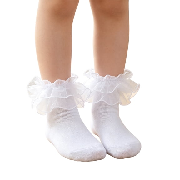 Lumtrix Girls Ruffle Socks Double Lace Frilly Dress Church Socks Cute Cotton Socks for 1-10Y White XS
