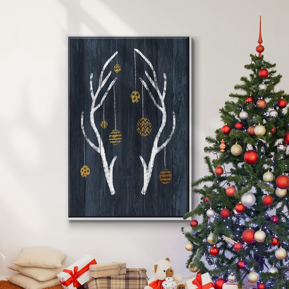 Antlers & Ornaments - Framed Gallery Wrapped Holiday Canvas - 27 x 41 - White Frame