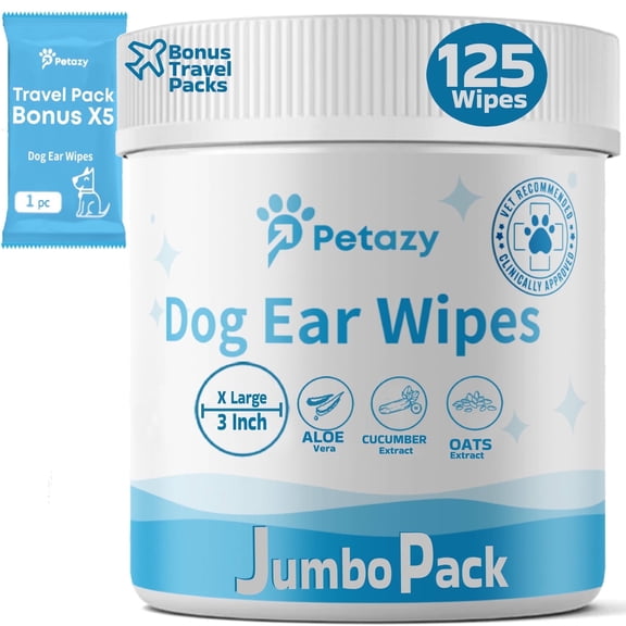 Petazy XL 3 Inch Unscented Dog Ear Wipes for Dogs | Remove Dirt Wax Itch Odor | Natural Cleaning Puppy Ear Wipes | Soothing Ear Wipes for Pets Cat | 125 Pcs