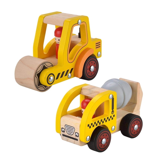 Juguetes de coche de madera KIDS TOYLAND 2 juguetes de vehículo para bebés 12 a 18 meses (camión de cemento + coche de rodillo de carretera)