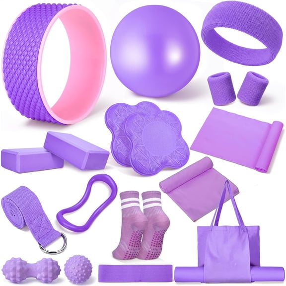 Yoga Essential Kit for Women, Pilates Equipment Starter Set with Yoga Wheel Ball Blocks Strap Resistance Bands Wrist Rings Socks Towel & Carry Bag for Home Workouts
