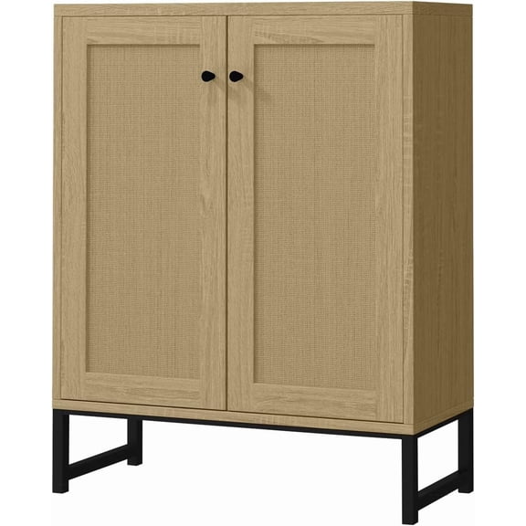 Rattan Decorated 2 Doors Storage Cabinet Accent Cabinet Living Room Cupboard Kitchen Sideboard Buffet Table (Natural)
