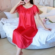 ZPAQI Womens Summer Lace Ice Silk Nightdress Short Sleeve Loose Plus Size Nightgown XL