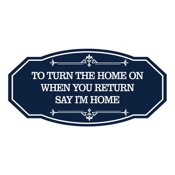 Signs ByLITA Victorian To Turn the Home On When You Return Say I'm Home Airbnb Sign (Navy Blue / White) - Large