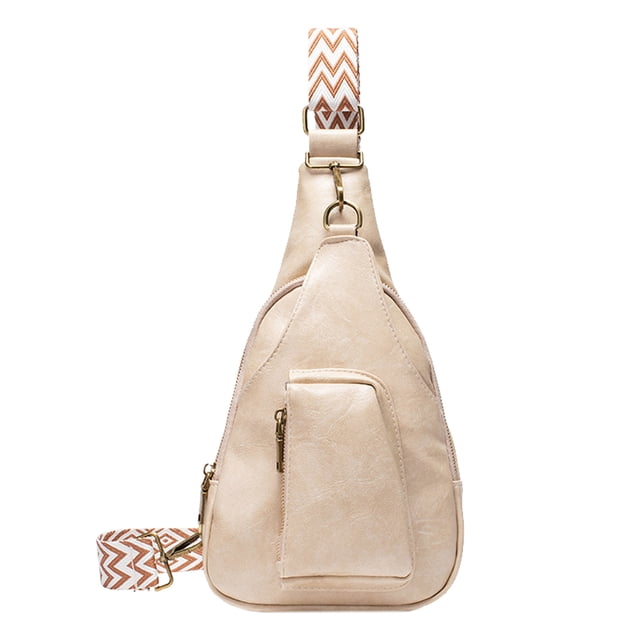 Riñonera vintage para mujer, con correa para el hombro en jacquard de colores, bolso de pecho de PU a la moda, color blanco:;:;