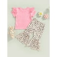 thumbnail image 4 of Bagilaanoe 2Pcs Toddler Baby Girl Easter Outfits Cartoon Rabbit Print Short Sleeve T-shirt Tops + Leopard Flare Trousers 6M 12M 18M 24M 3T 4T Kids Long Pants Set, 4 of 8