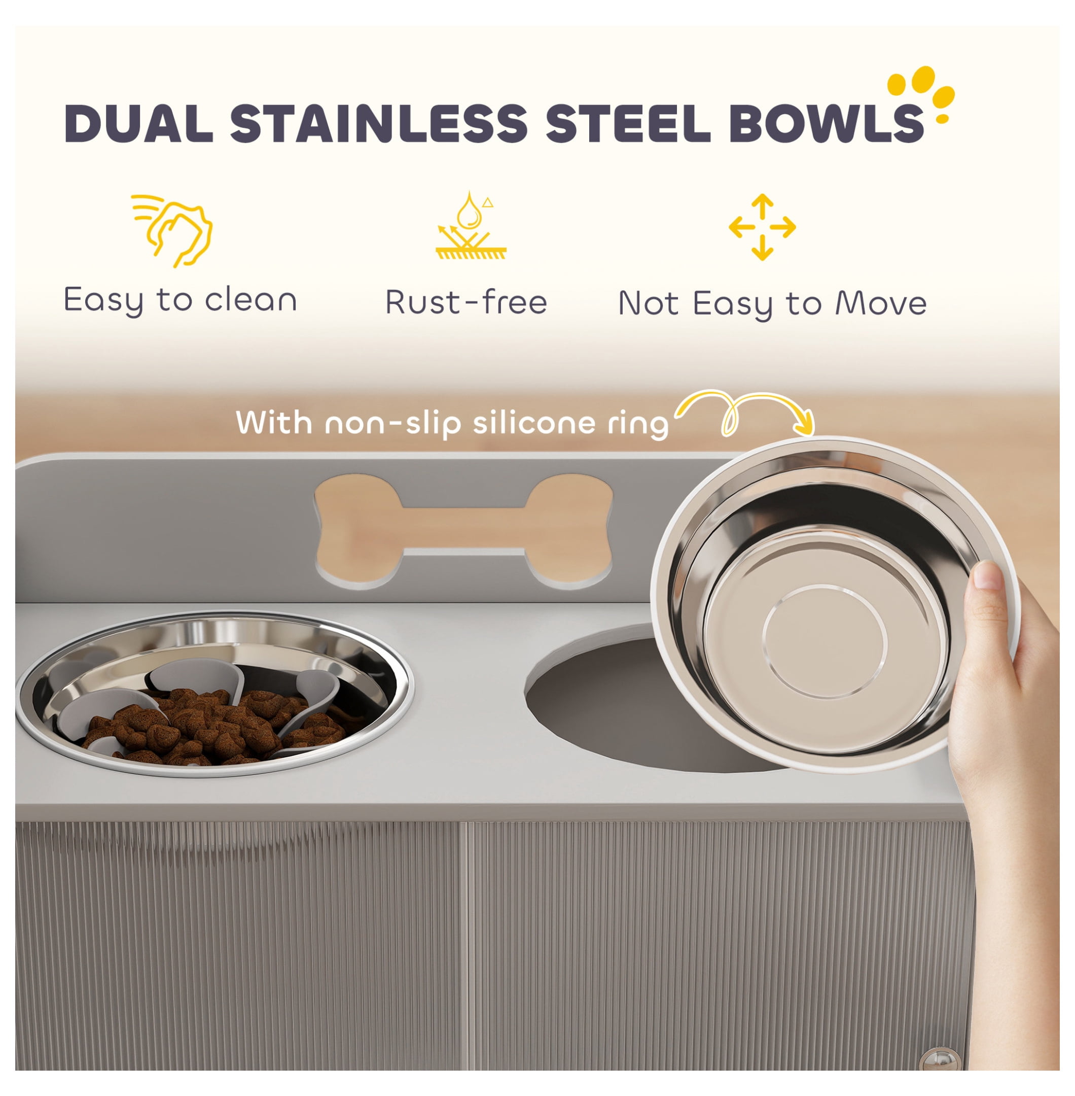Raised Dog Bowls with Storage, Elevated Dog Feeder Stand with 2 Stainless Steel Bowls for Large Dogs, Gray - Ergonomic & Stable Pet Bowl Organizer
