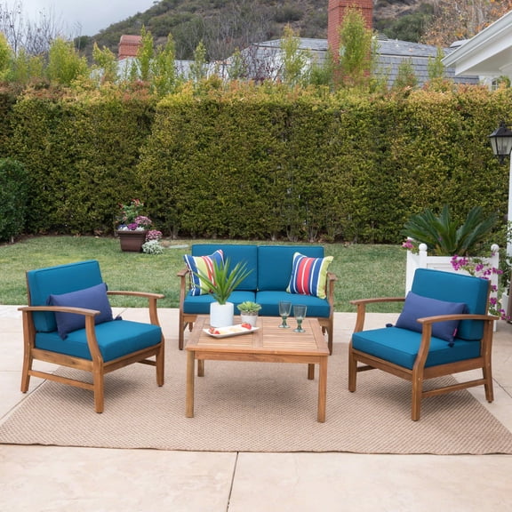 Pearl Outdoor 4 Seater Finished Acacia Wood Chat Set with Cushions,Teak,Blue