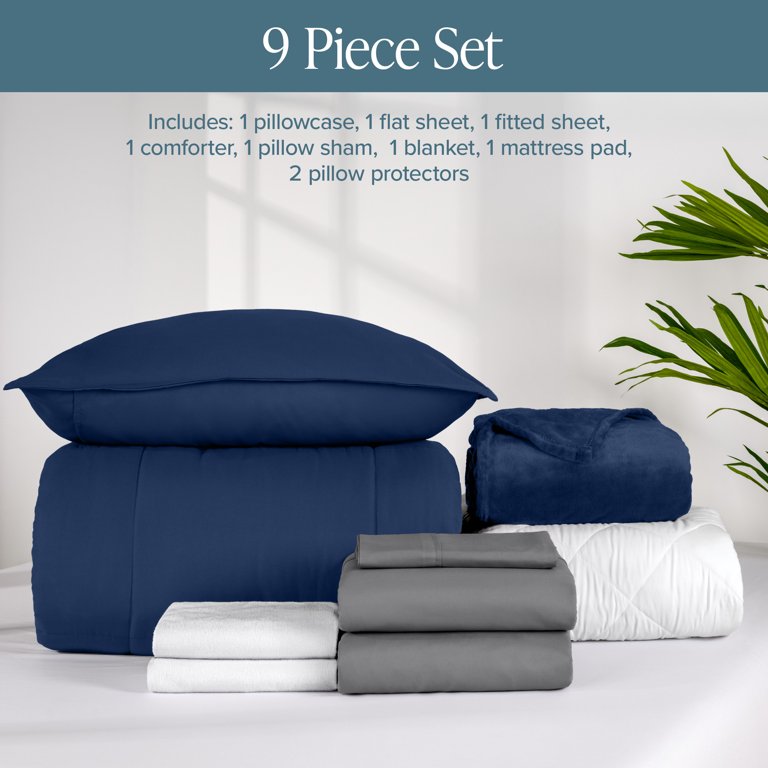Bare Home Ultimate Bed-in-a-Bag Twin XL – 9 Piece Dorm Bedding Set With Comforter, Sheets, Blanket & Mattress Pad