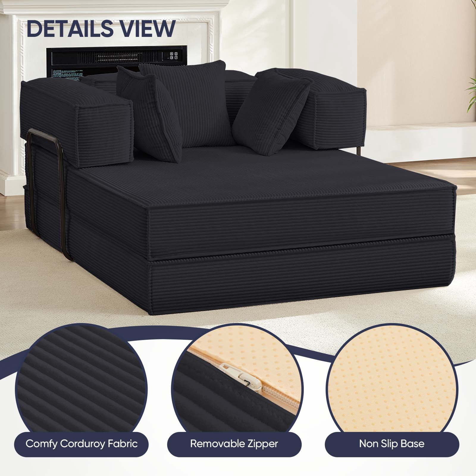 ZAFLY Convertible Sleeper Sofa Bed, Corduroy Boneless Couch with Removable Armrests, Floor Gaming Sofa for Living Room/Small Space, Gray