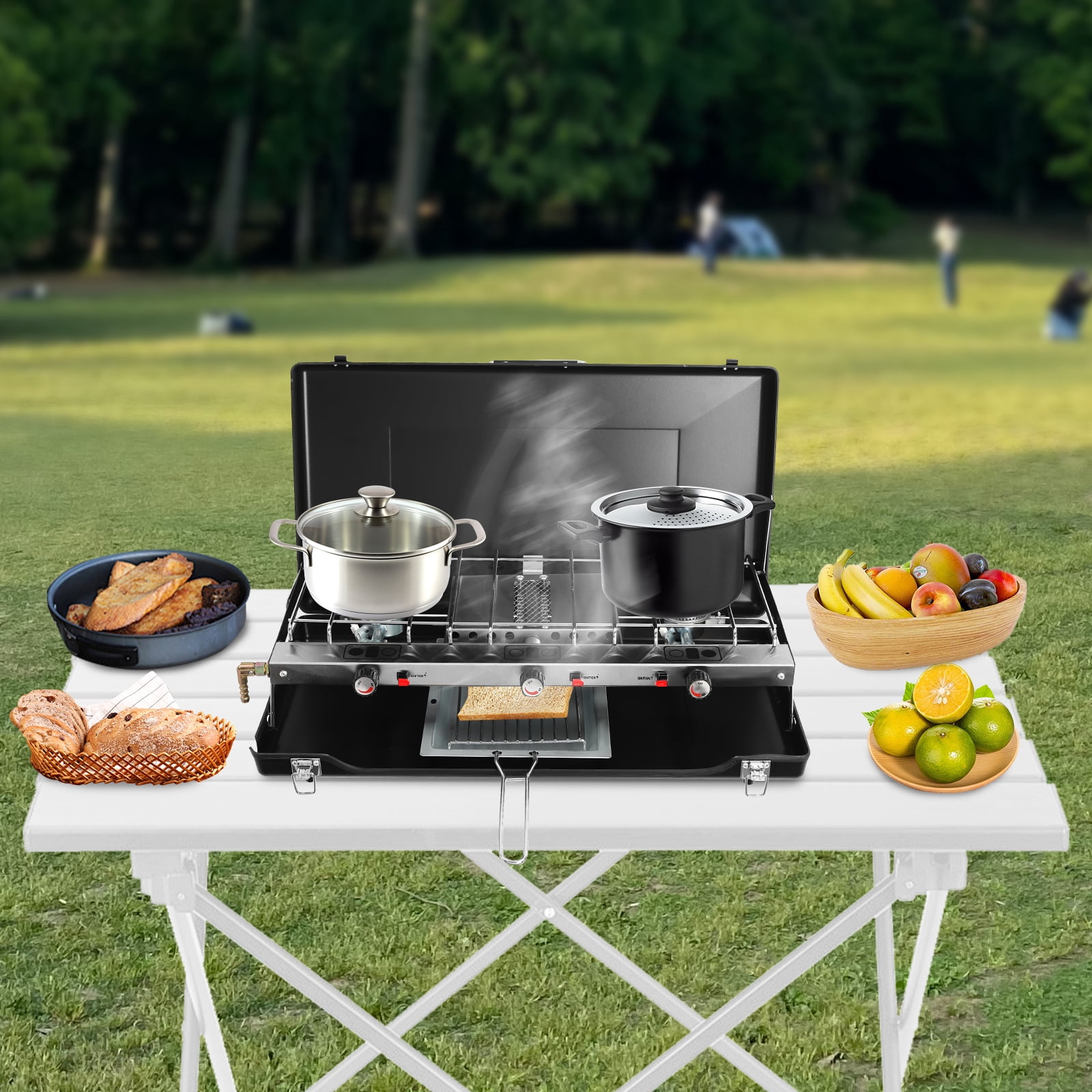3-Burner Camping Stove, 4.5KW Portable Tabletop Gas Grill Foldable Gas Camping Stove with Removable Grid and Tray for Car Camping Bbq Picnics Outdoor Cooking