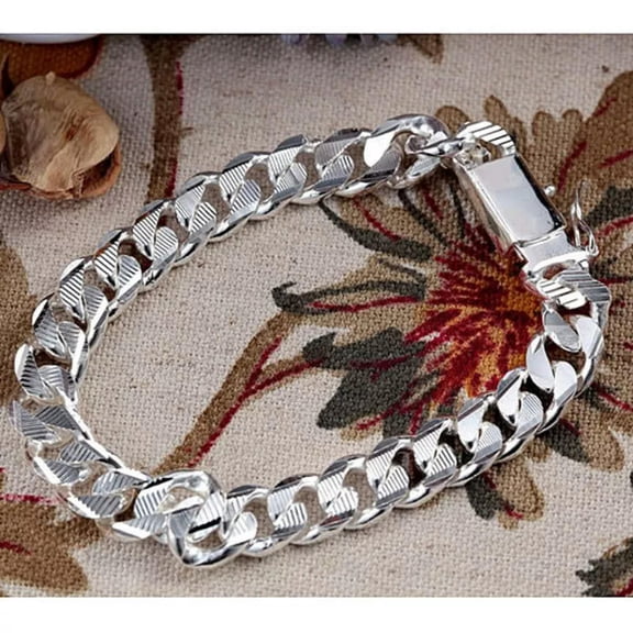 K-KED 925 Sterling Silver Bracelet Square Agraffe Men's Chain Bracelet 10MM 8" H032