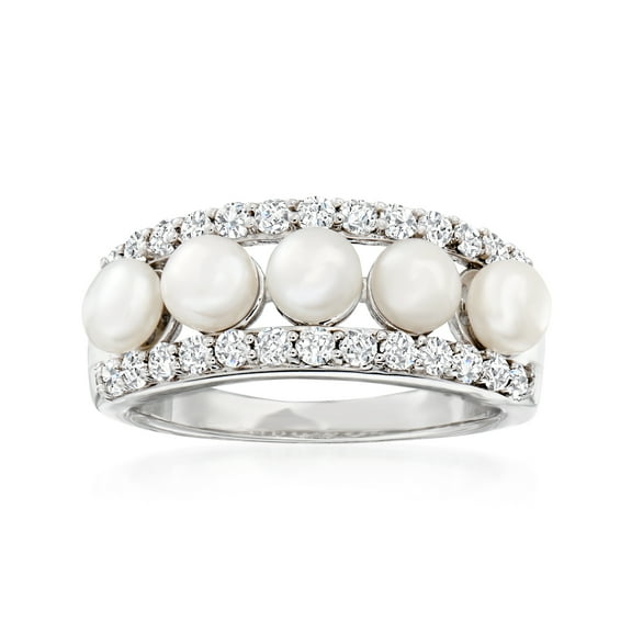 Ross-Simons 4.5mm Cultured Pearl and 1.00 ct. t.w. White Topaz Ring in Sterling Silver, Women's, Adult