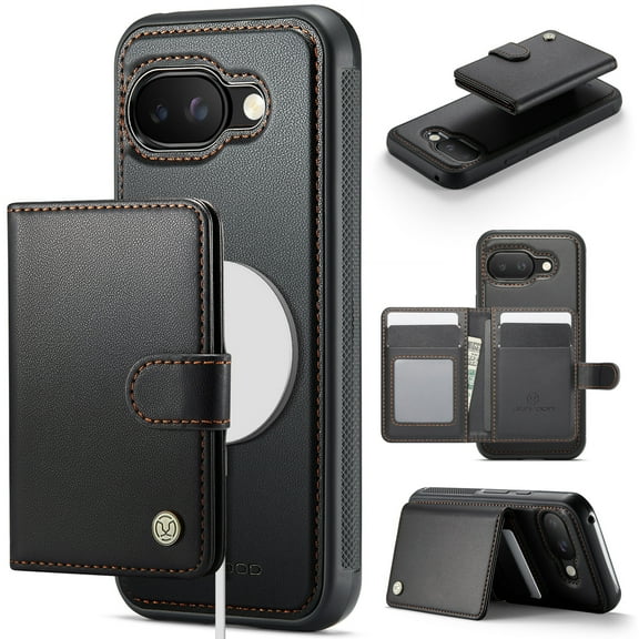 for Google Pixel 9a Wallet Case with Detachable Magnetic Card Holder, PU Leather   TPU, RFID Blocking Kickstand 2-in-1 Shockproof Drop Protective Phone Case with Magnetic Buckle, Black