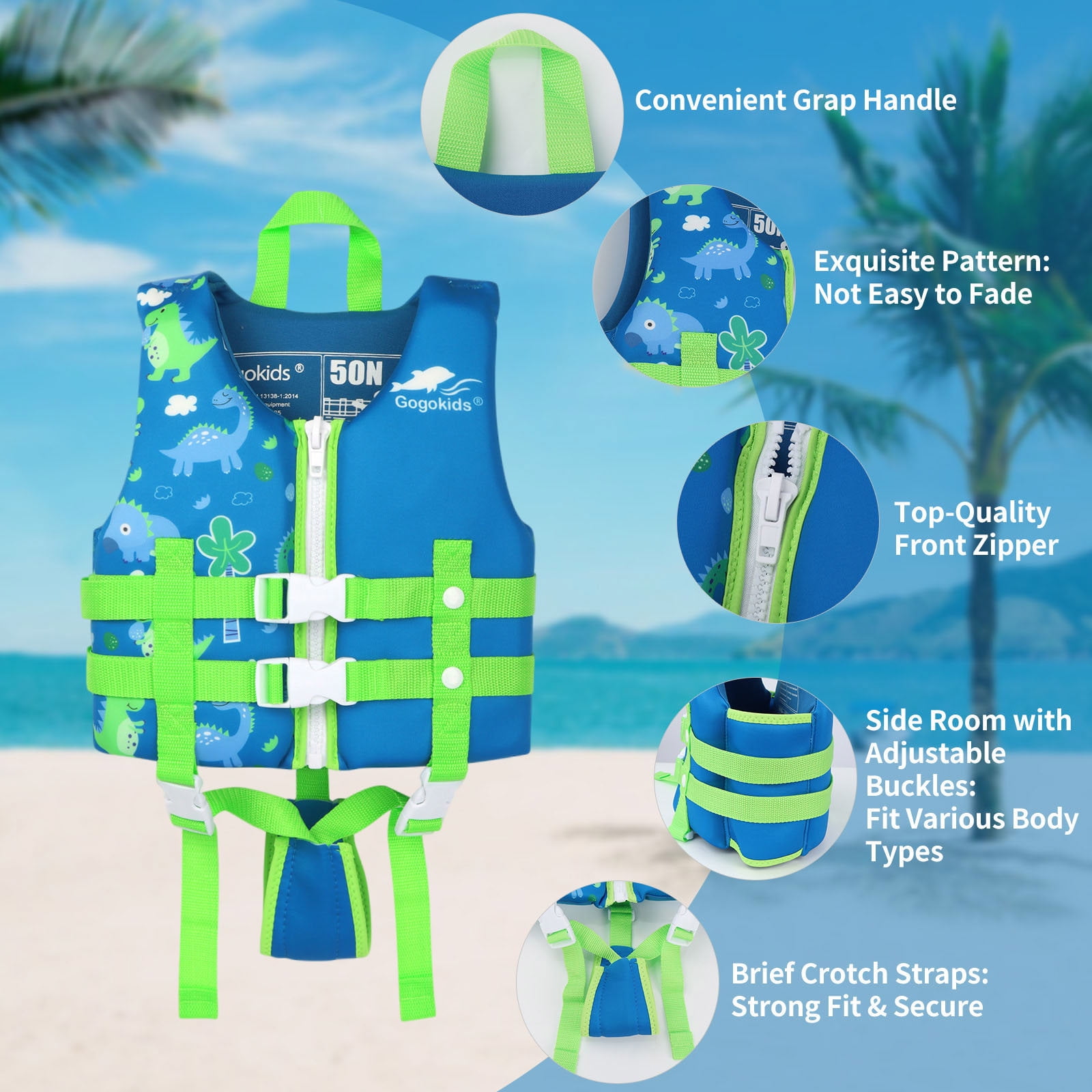 Gogokids Kids Swim Vest Life Jacket Flotation Swimming Aid with Adjustable Safety Strap Age 1-9 Years/22-50Lbs, Blue Dinosaur