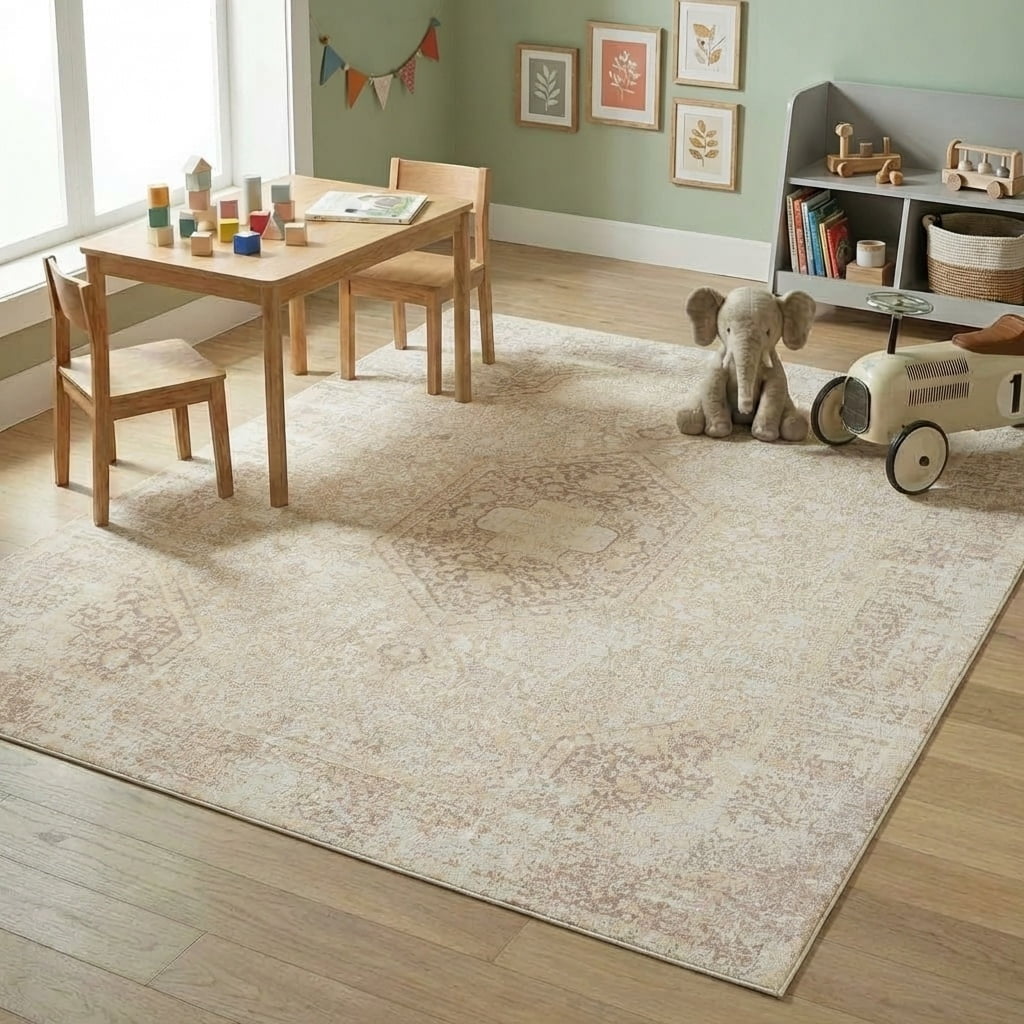 LR Home Brooke 7'10" x 9'10" Beige Medallion Waterproof Non-Slip Machine Washable Indoor Area Rug