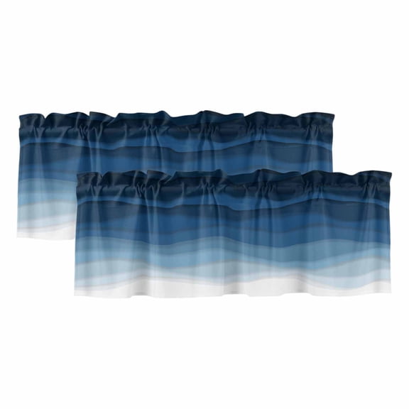 Navy Blue Ombre Valances for Windows, Modern Moire Wave Gradient Light Filtering Kitchen Curtains, Rod Pocket Window Valance Curtains for Living Room Bedroom, 54" W x 18" L, 2 Panels
