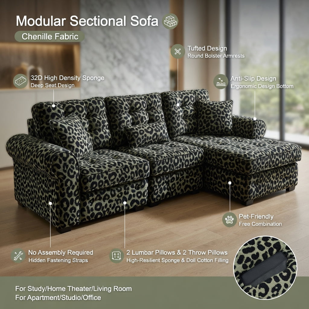 Hommoo 100" Modern Leopard Print Chenille L-Shaped Sofa Set with Movable Ottoman, Deep Seat & Tassel Trim, Easy Assembly, Ergonomic Support for Living Room, Green Black