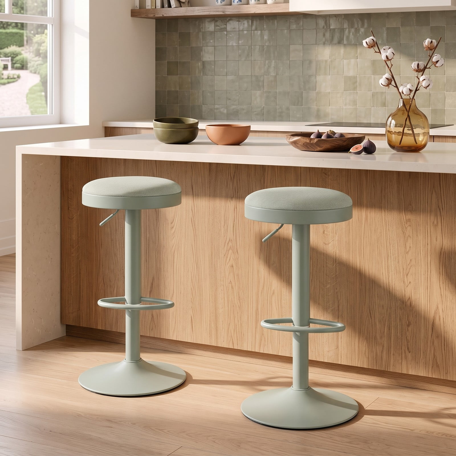 Furnibear Set of 2 Swivel Bar Stools, Height Adjustable Counter Stools with Cushioned Fabric Seat, D-Shaped Footrest and Rubber-Ring Base for Kitchen Island, Green