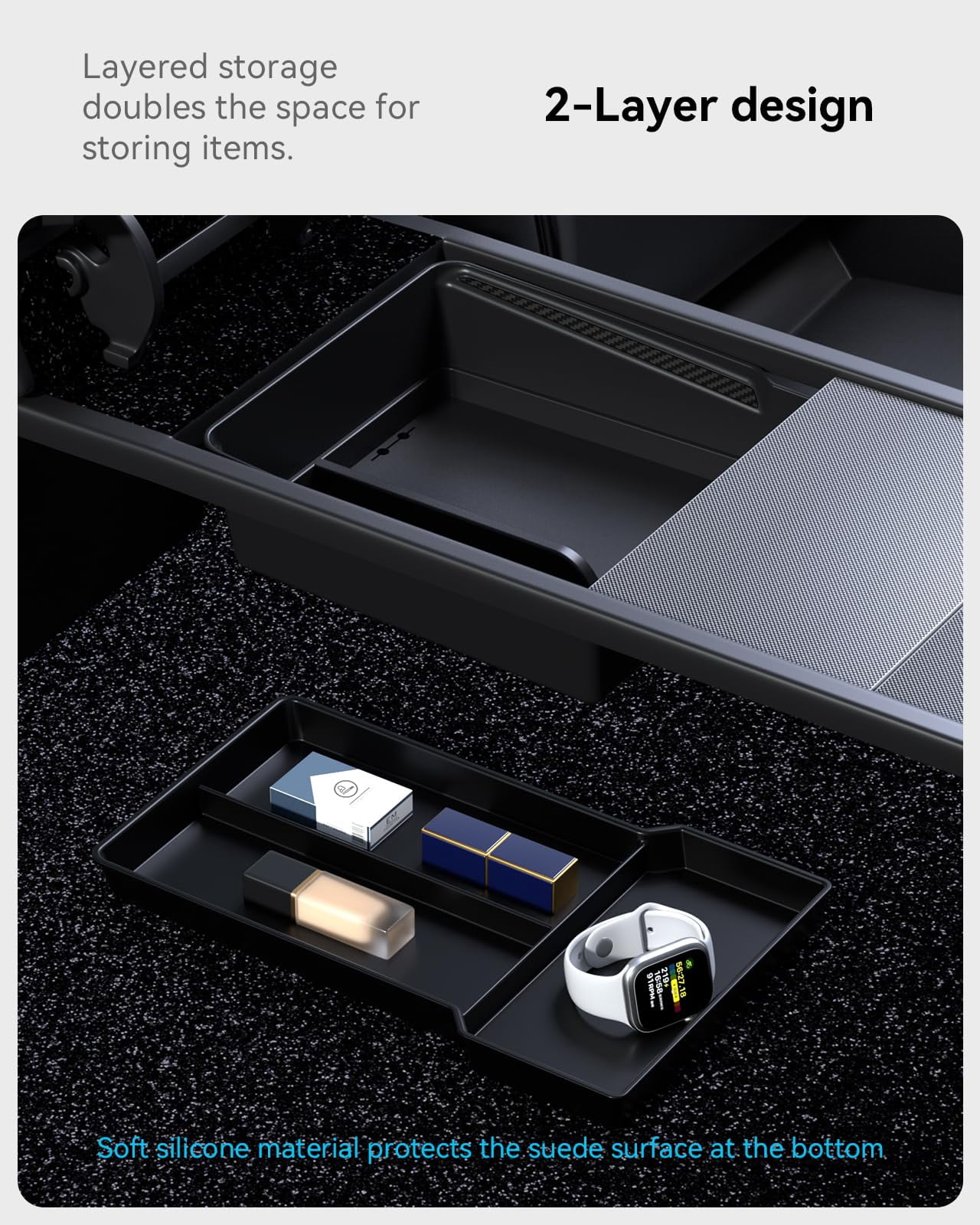 GUANGHUI for Tesla New Model Y Juniper Center Console Organizer Tray Divided Storage Double Layer Space Slide smoothly Model Y 2025 2026 Accessorie - 4 PCS, Black