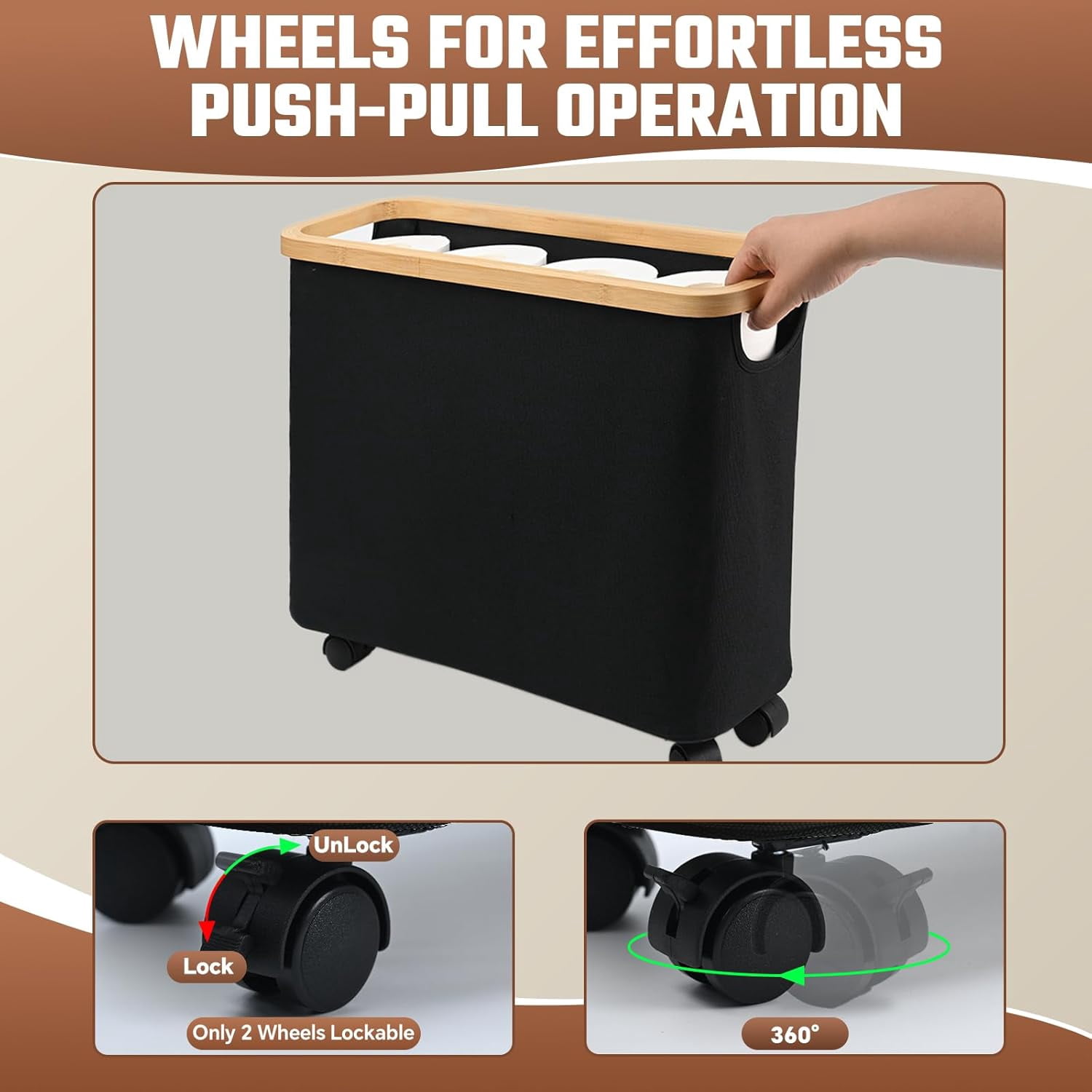 Black Toilet Paper Storage Basket - Holds 12 Rolls, 23L Capacity, Foldable, With Wooden Frame & Dust Cover