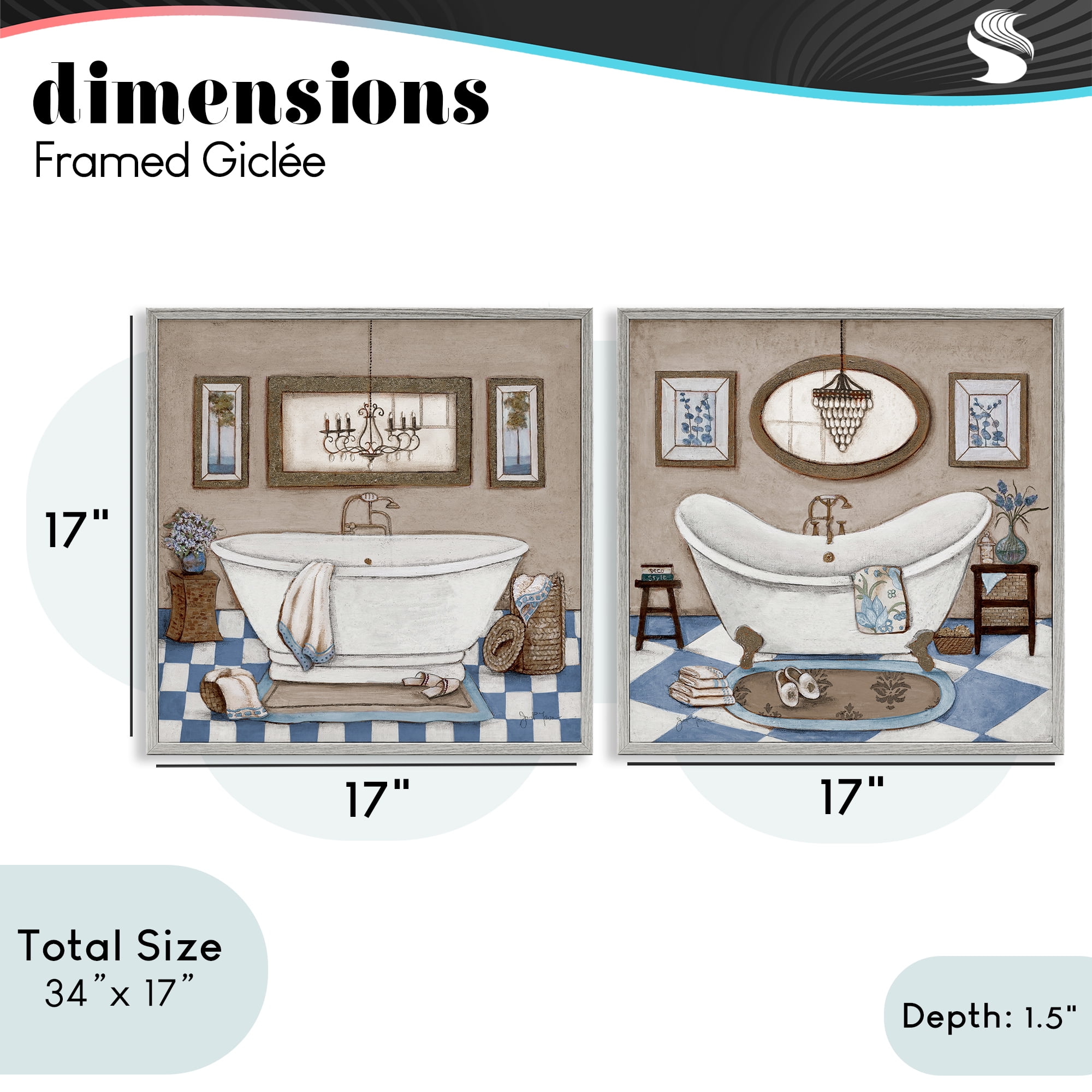 Stupell Industries Tiled Bathroom Views 2 Piece Gray Framed Giclee Art Set, design by Janet Tava