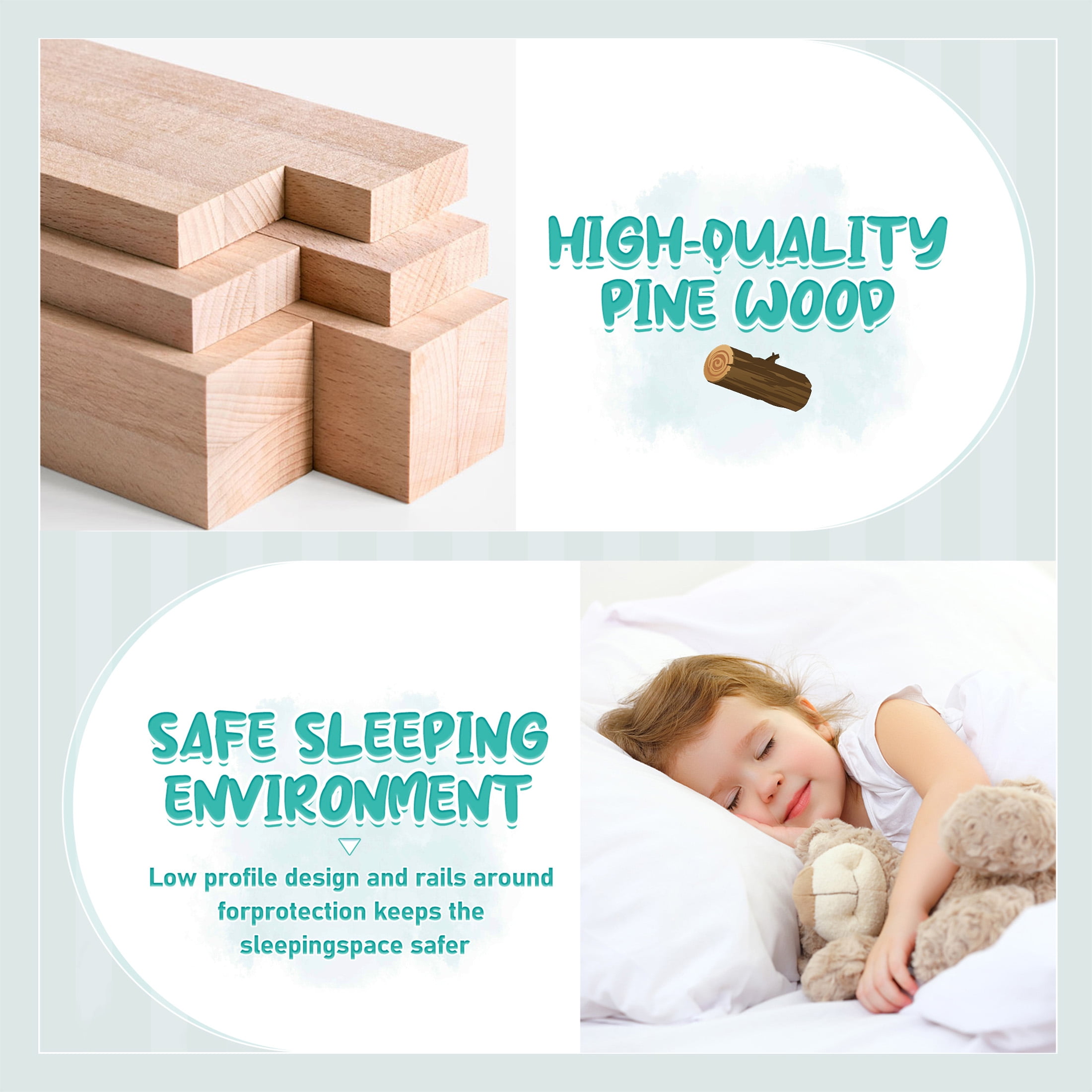 Aukfa Full Size Floor Bed for Kids Children, Wood Montessori Bed Frame with Safety Guardrails and Door, Natural