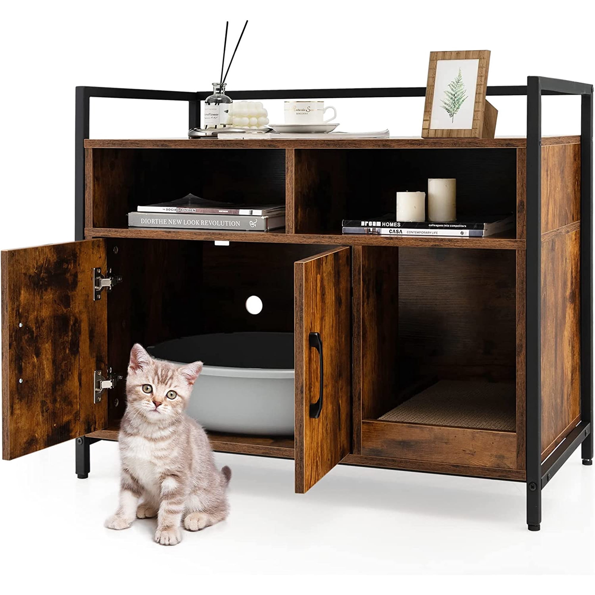 Cat Litter Box Enclosure Litter Box Cabinet with Cat Scratcher 2-Door Storage Cabinet 2 Open Compartments and Air Vents Wooden Hidden Litter Box Furniture Rustic Brown