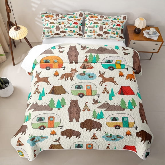 Catabedysis Cartoon Camping Quilt Full,Wildlife Camper Print Full Bedspread Sets For Boys,Multicolor,3Pcs