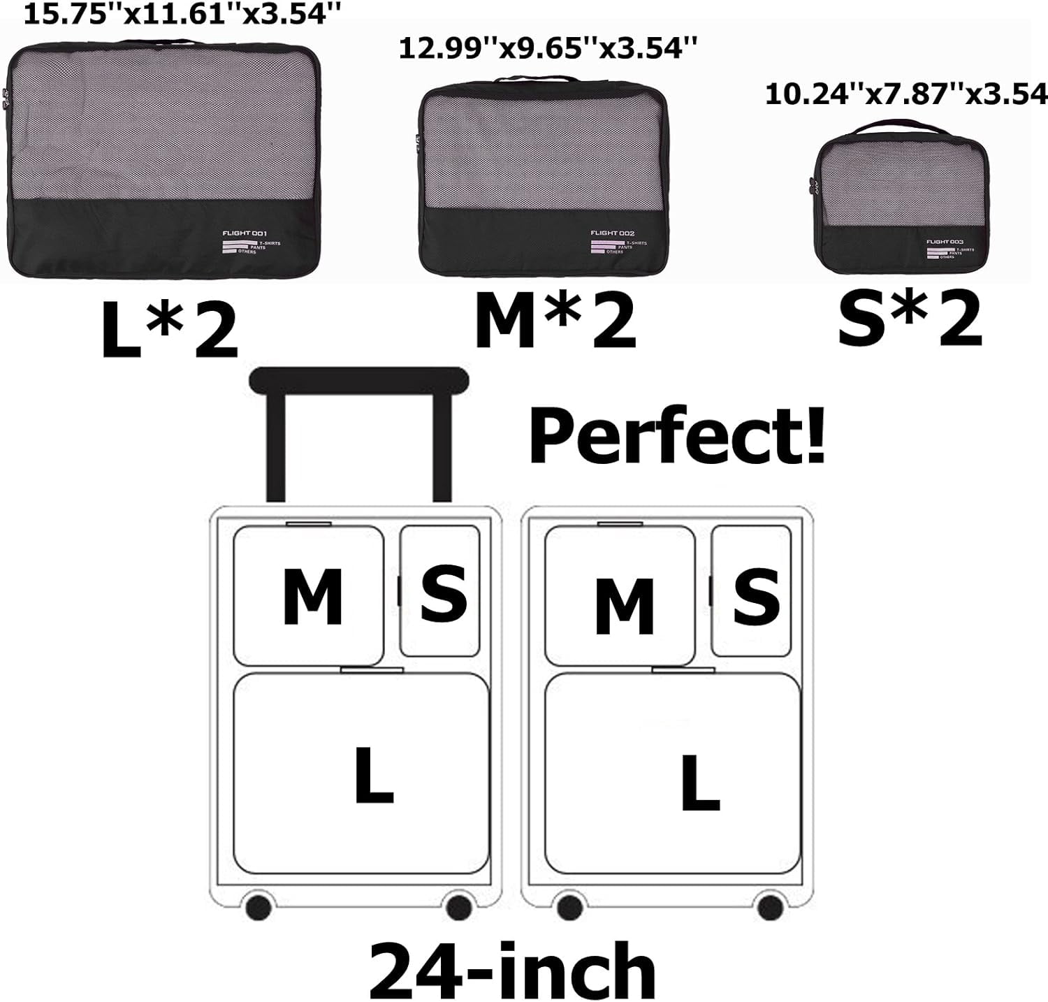 6-Piece Packing Cubes Set – Travel Luggage Organizers, Lightweight Nylon – 2 Large + 2 Medium + 2 Small Sizes – Breathable Mesh, Strong Zipper – Black/Navy Blue/Gray/Sky Blue