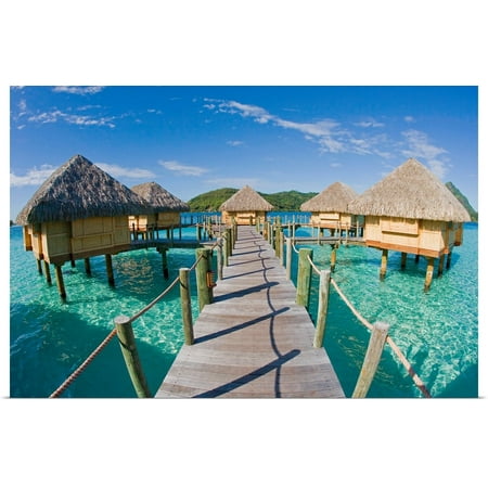 Great BIG Canvas | Rolled M Swiet Productions Poster Print entitled French Polynesia, Pearl Resort, Bungalows Over Beautiful Turquoise Ocean
