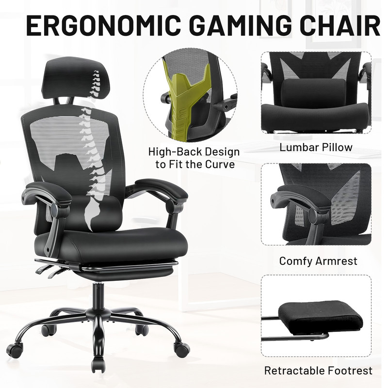 Ergonomic Office Chair with Footrest, Swivel Mesh Chair with Lumbar Support, Headrest and Flip-up Armrests for Home Office, Black