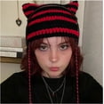 thumbnail image 2 of SikaFu Cat Ear Beanie Y2K Striped Crochet Hats Vintage Grunge Accessories Slouchy Beanies for Women, 2 of 4