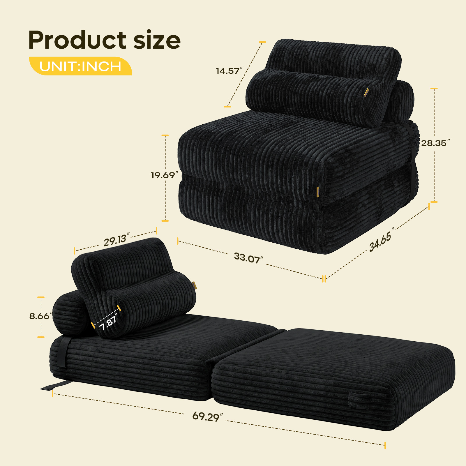 Pinmoco Folding Sofa Bed, Corduroy Convertible, Black photo 5
