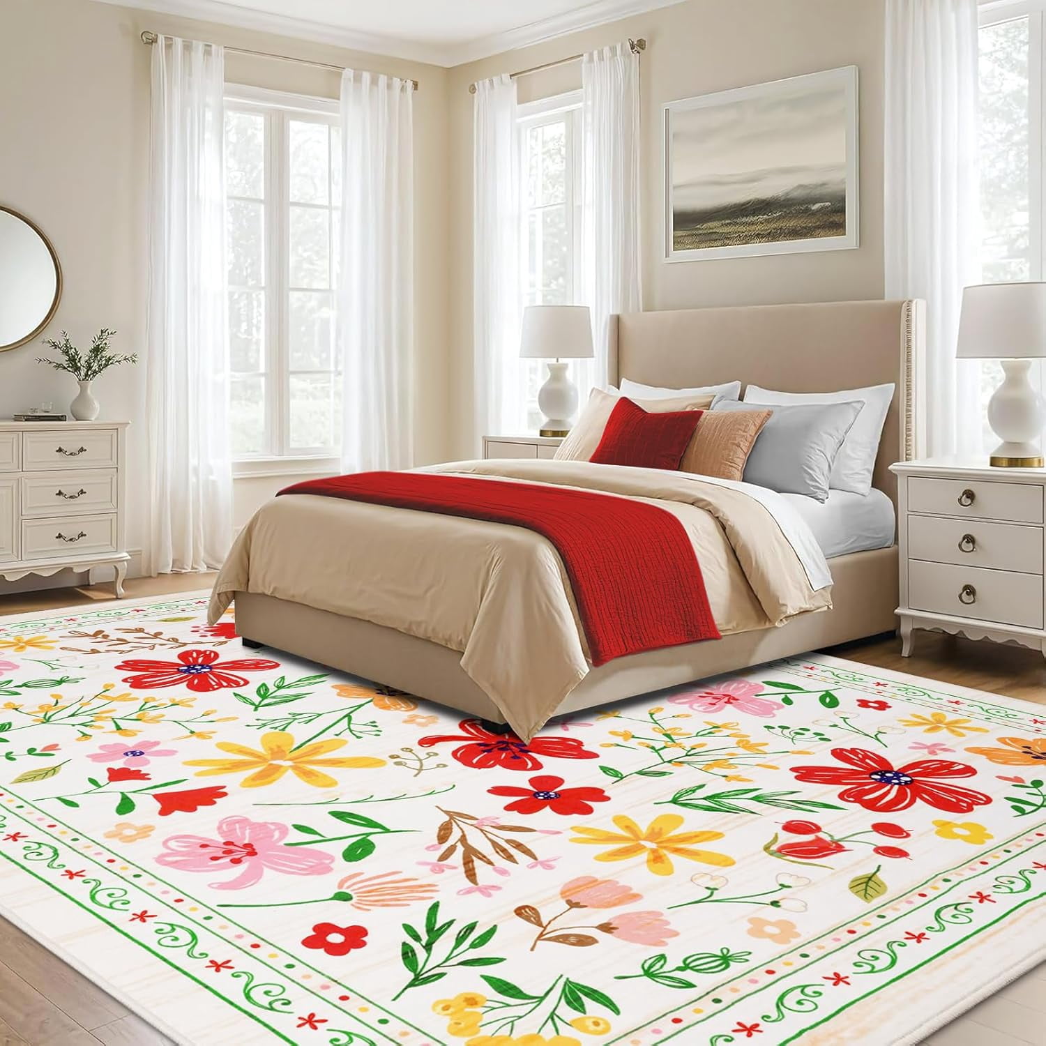 BLEUM CADE 8x10 Area Rug, Floral Rugs for Living Room, Lightweight Non Slip Washable Rug, Indoor Low Pile & Non-Shedding Vintage Rugs Carpet for Bedroom, Living Room, Dining Room, White