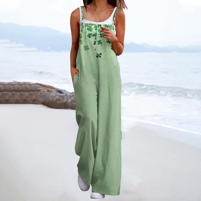 Styesk Pantalon pour Femmes Mode Décontractée Ample Imprimé Poches Sans Manches Combinaison à Bretelles