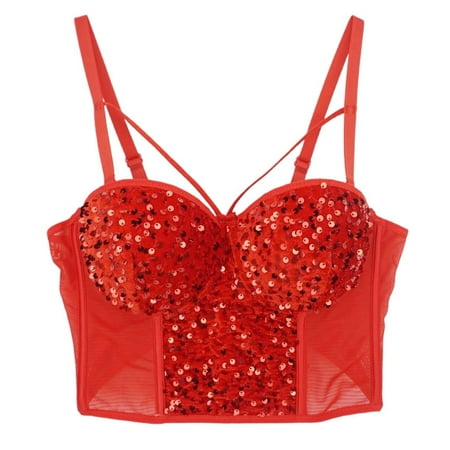 Riforla Women s Sequin Beaded Corset Short Club Party Removable Shoulder Slim Tank Top Everyday Wear Bras Red 42