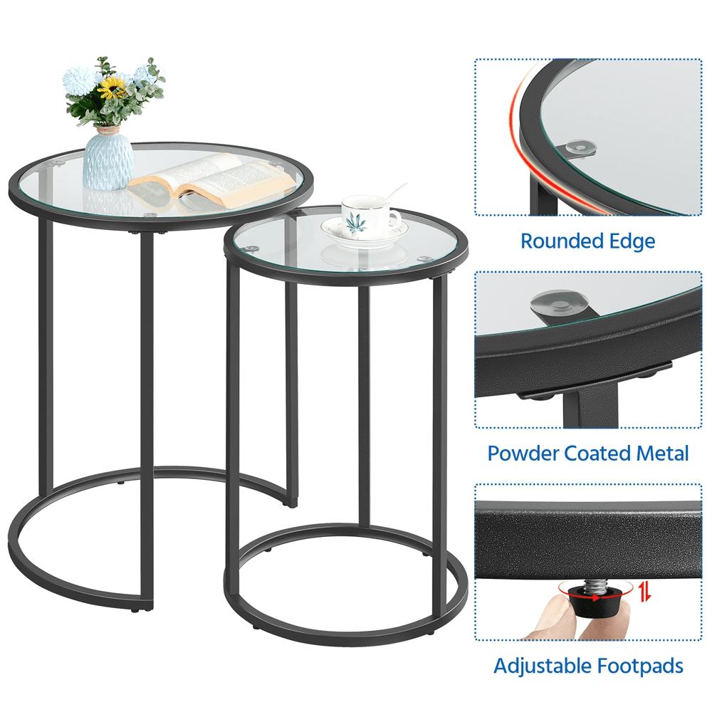 Alden Design Round Metal Nesting End Table Set of 2 with Glass Top for Living Room, Black