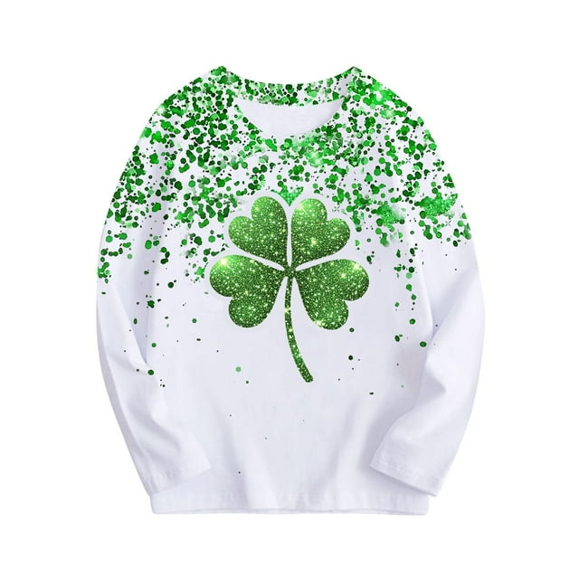 Chandail de la Saint-Patrick pour Enfants, Haut à Manches Longues et Col Rond avec Imprimé Vert de Vacances, Mélange Doux de Polyester et Spandex, Style Col Rond, Chemise Légère pour Superposer, Lavable en Machine