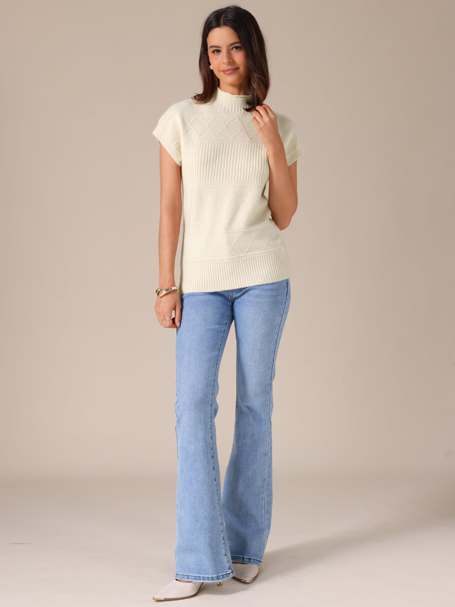 DARING DIVA Women's Mock Neck Casual Cap Sleeve Knit Tank Tops S Beige