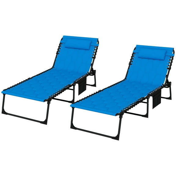 DUOSONG Outsunny Folding Chaise Lounge Set With 5-Level Reclining Back, Outdoor Lounge Tanning Chair With Padded Seat, Side Pocket & Headrest For Beach, Yard, Patio, Blue Blue Steel Garden & Outdoor