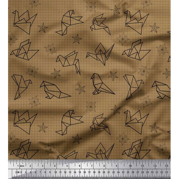 Soimoi Brown Cotton Voile Fabric Check,Star & Paper Bird Art & Craft Print Fabric by the Yard 42 Inch Wide