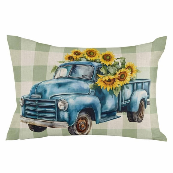 Blue Truck Yellow Sunflower Throw Pillow Cover 20 x 26 Inch Decorative Pillow Cover Summer Sage Green Plaid Vintage Lumbar Pillowcase Seasonal Rectangle Cushion Case for Couch Sofa Bed Living Room